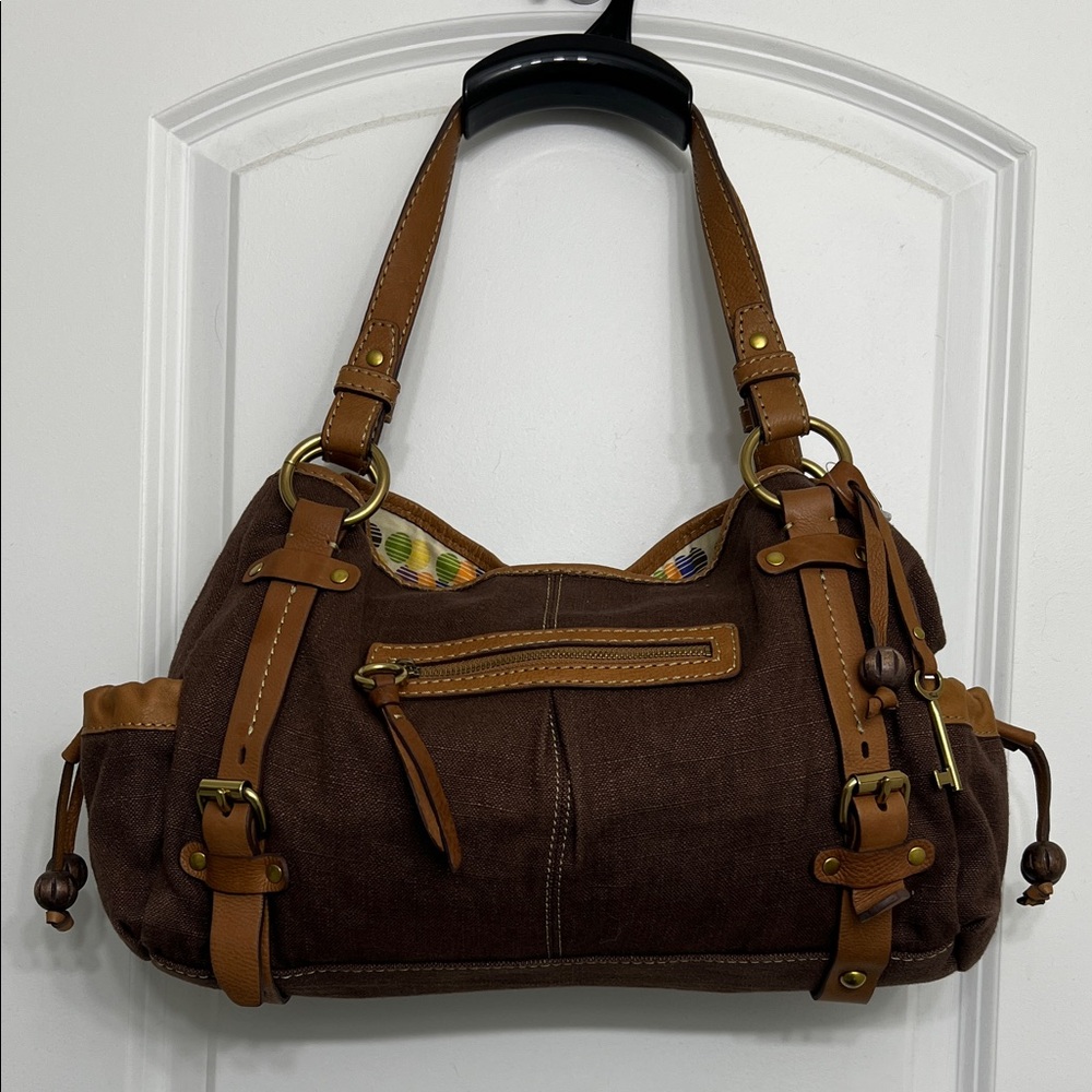 Fossil Boho vintage inspired Brown Canvas and Tan Leather Strap Shoulder Bag
